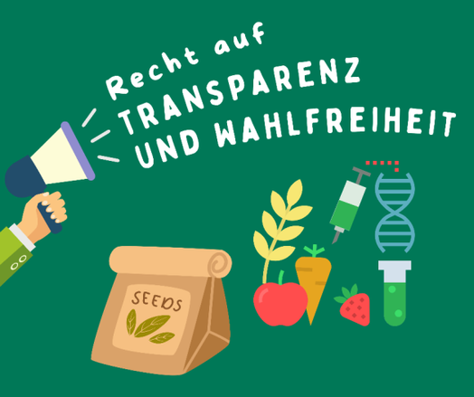 Zu sehen ist eine Zeichnung: Ein Arm mit einem Megaphone aus dem heraus kommt: "Recht auf Transparenz und Wahlfreiheit". Da drunter ist eine Tüte mit Saatgut, Getreide, Obst und Gemüse zu sehen und daneben ein Reagenzglas über dem eine DNA schwebt. Verbunden ist das Glas mit einer Spritze, die auf das Gemüse gerichtet ist.
