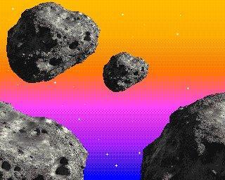 Asteroid in space with a gradient background and stars. Amiga like pixel art, 320x256 32 colors. Done with PyDPainter.