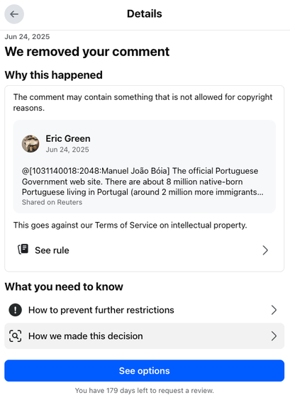 "We removed your comment. The comment may contain something that is not allowed for copyright reasons." The comment starts with "The official Portuguese Government web site" and summarizes statistics from that web site, ending with a link.