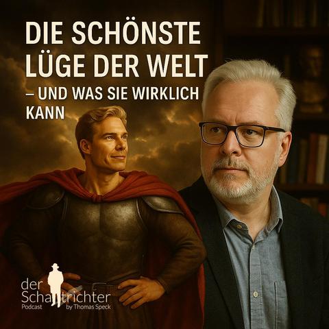 Ein quadratisches Podcast-Cover zeigt links eine heroische Fantasiefigur in glänzender Rüstung mit rotem Umhang, der selbstbewusst in die Ferne blickt. Rechts steht ein Mann mit weißem Haar, Bart und schwarzer Brille – er wirkt nachdenklich und ruhig, als würde er über das Gesagte reflektieren. Der Hintergrund vereint dramatisch beleuchtete Wolken mit einem Bücherregal, was die Spannung zwischen Vorstellungskraft und Realität unterstreicht. Oben im Bild steht der Titel in weißer Schrift: „DIE SCHÖNSTE LÜGE DER WELT – UND WAS SIE WIRKLICH KANN“.