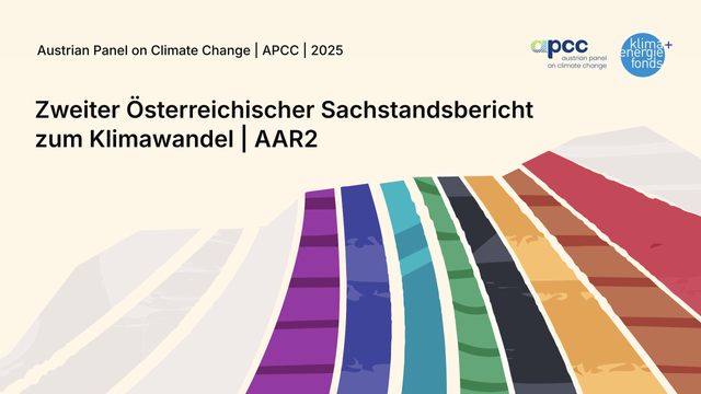 Social Media Preview des Zweiten Österreichischen Sachstandsbericht zum Klimawandel AAR2, mit Logos des Austrian Panel on Climate Change APCC und des Klima- und Energiefonds. Bunte Streifen repräsentativeren die einzelnen Kapitel des Berichts.