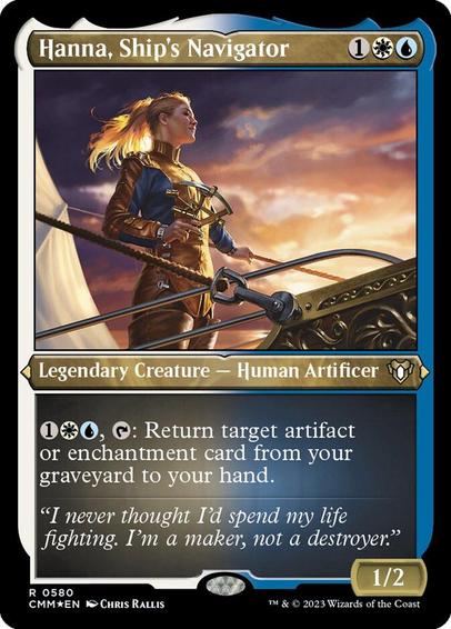 Card Name: Hanna, Ship's Navigator
Set: Commander Masters
Description: {1}{W}{U}, {T}: Return target artifact or enchantment card from your graveyard to your hand.
Artist: Chris Rallis