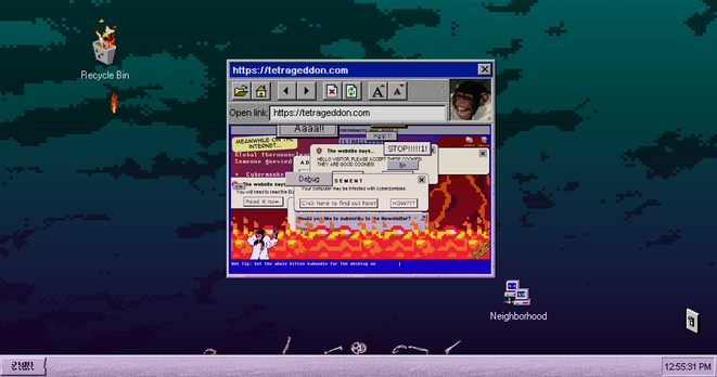 a screenshot of tetrageddon.com showing an old desktop that's deteriorating and a browser window open showing the website inside that...