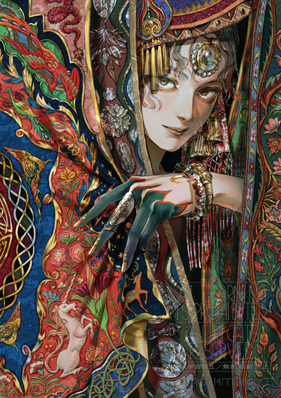 The image features a detailed and vibrant depiction of a person adorned in elaborate, ornate clothing. The garment is richly embroidered with intricate patterns, including mythical creatures such as a unicorn and a phoenix, set against a backdrop of deep blue, red, and green hues. The fabric is embellished with gold accents and features floral motifs, adding to the luxurious appearance.

The person's hand is prominently displayed, painted in a striking green with red flame-like designs, and adorned with a silver ring and multiple bracelets. The hand rests gracefully on the fabric, showcasing the detailed embroidery. The person's attire is complemented by a headpiece with gold embellishments and tassels, enhancing the overall opulence of the ensemble.

The image is rich in color and detail, with a focus on the intricate patterns and textures of the clothing, creating a visually captivating scene.