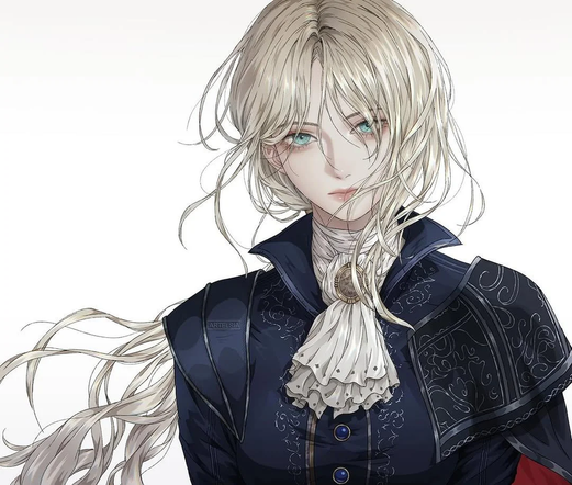 The image features a character with long, wavy blonde hair and striking blue eyes. The character is wearing a dark blue, high-collared jacket adorned with intricate silver embroidery and a white cravat tied at the neck. The jacket has a high collar and is fastened with blue buttons. The character's hair is flowing, suggesting movement, and the background is a plain, light color, emphasizing the character's attire and features. The character's expression is neutral, and the overall style is reminiscent of anime or manga art.