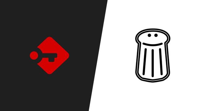 Passbolt logo on a dark background next to the smiling salt shaker logo of Pass the Salt on a white background, separated by a diagonal split.