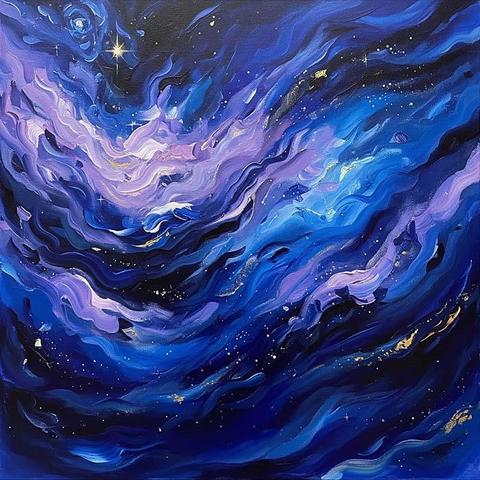 The painting invites the viewer into a realm of vivid abstraction, where colors collide and dance across the canvas in an expressive frenzy. Swirling lines and bold brushstrokes suggest movement, as if the artwork is alive, pulsating with energy. A bright star shines in the upper left, adding a focal point to the celestial composition.