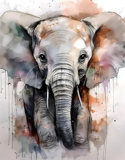 Baby elephant inkwash