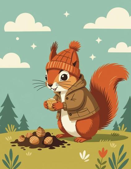②« Generated by nightcafestudio »
This vibrant retro-style graphic illustration features a stylized red squirrel with its front teeth, preparing to bury some nuts in the dirt. At the top of the image, the words "Ideas need time" are printed in a classic orange serif font. A background of muted green and blue hues and fluffy white clouds illuminated by soft, diffused light create a nostalgic, nature-evocative feel.