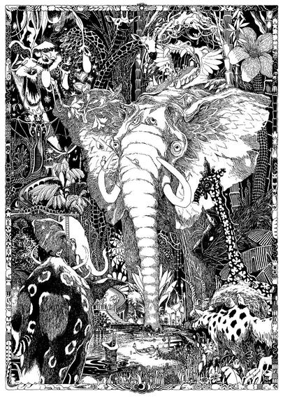 Un éléphant gigantesque contemple, de ses quatre yeux, une flopée d'oiseaux ascendants dans une jungle foisonnante.