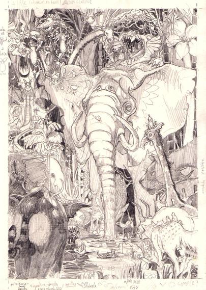 Un éléphant gigantesque contemple, de ses quatre yeux, une flopée d'oiseaux ascendants dans une jungle foisonnante.
