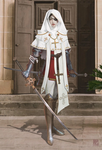 The image depicts a figure standing in front of a large wooden door, dressed in a white robe with gold accents and a hood, reminiscent of a religious or ceremonial outfit. The robe features crosses and a red cross emblem, suggesting a connection to a religious order. The figure is also wearing silver armor on the left arm and leg, with a brown belt and a red garment underneath the robe. The figure holds two swords, one in each hand, with intricate designs on the hilts, indicating a readiness for combat. The background shows a stone building with steps leading up to the door, and a green plant is visible to the right. The figure's posture is upright and confident, with a serious expression.