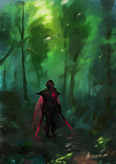 digital illustration depicting a vibrant forest, with an insectoid, plated(similar to medieval armor) dark figure in the middle of a path, which is wielding two magenta glowing shortswords. The figure has a split that goes from the top of the head to the bottom of the torso, showing a giant central "eye" that's also glowing, and also a pair of glowing insect wings on their back. A loincloth/skirt is also worn, made out of leaves.