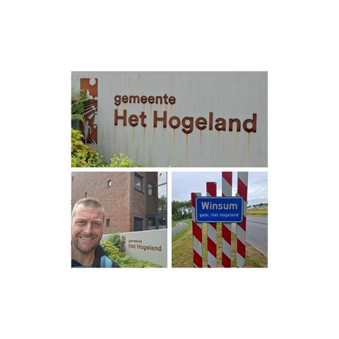 Drie foto's, plaatsnaambord Winsum, toegang gemeente Het Hogeland.