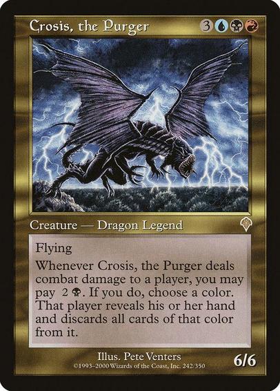 Card Name: Crosis, the Purger
Set: Invasion
Description: Flying
Whenever Crosis deals combat damage to a player, you may pay {2}{B}. If you do, choose a color, then that player reveals their hand and discards all cards of that color.
Artist: Pete Venters