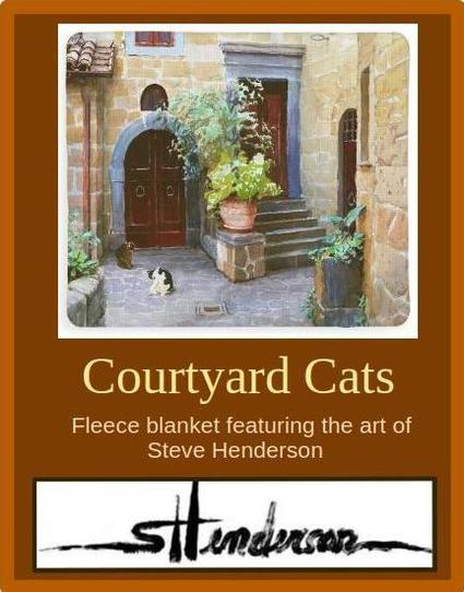 Fleece blanket featuring an original watercolor painting depicting an Italian home courtyard with two cats grooming themselves within it.
