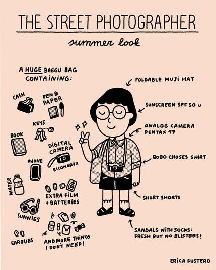 Drawing of a person dressed as a tourist, surrounded by arrows and text indicating each item they are carrying.
Title: The street photographer. Summer look
Text in the image: 
Foldable muji hat
Sunscreen SPF 50 :)
Analog camera, Pentax 17
Bobo choses shirt
Short shorts
Sandals with socks: fresh but no blisters!
A huge bag containing:
Cash, pen and paper, keys, book, phone, digital camera (ricoh gr3x), water, sunnies, extra film and batteries, earbuds, and more things I don't need!
Signed: Erica Fustero