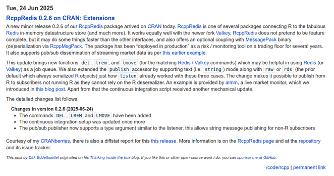Screenshot of blog post at https://dirk.eddelbuettel.com/blog/2025/06/24#rcppredis_0.2.6 describing release 0.2.6 of CRAN package RcppRedis