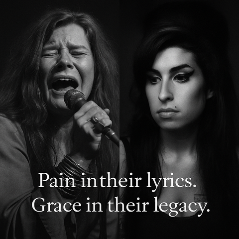 Split black-and-white image featuring Janis Joplin on the left, mid-performance with eyes closed and mouth open in an emotional vocal moment, holding a microphone tightly. On the right, Amy Winehouse gazes downward with a somber, reflective expression. Text overlay reads: “Pain in their lyrics. Grace in their legacy.”