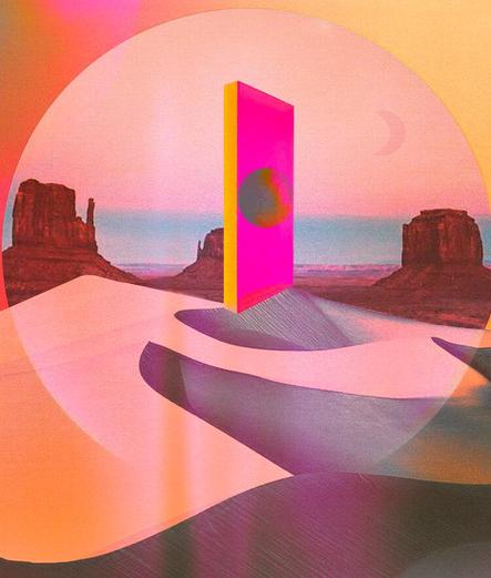 surreal digital art work the grand canyons as backdrop to a door in the middle of a pink desert