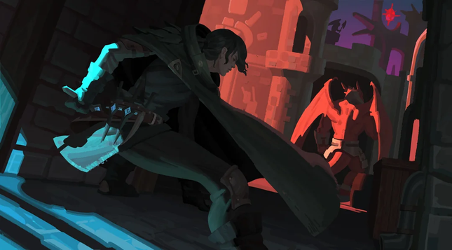 The image depicts a scene from a video game, featuring a character in a dynamic pose, poised for action. The character is dressed in dark, medieval-style clothing, including a long cape, and is wielding a large, glowing blue axe. The character's stance suggests readiness for combat, with one leg forward and the other back, emphasizing a sense of movement and tension.

In the background, a menacing creature with red skin and large bat-like wings is visible, standing in a dimly lit, gothic-style corridor. The creature's posture and the red glow emanating from it create a sense of danger and foreboding. The lighting in the scene is dramatic, with a mix of blue and red hues, enhancing the contrast between the character and the creature. The architecture of the corridor, with its stone walls and arched doorways, adds to the medieval fantasy setting.