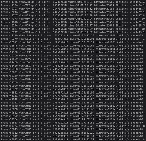 terminal view of ffmpeg re-encoding video audio