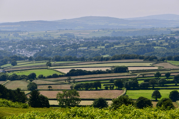 A patchwork of fields and hills in the background.