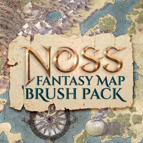 Noss Fantasy Map Brush Pack in fancy letters over an aged paper and a map of Noss.
