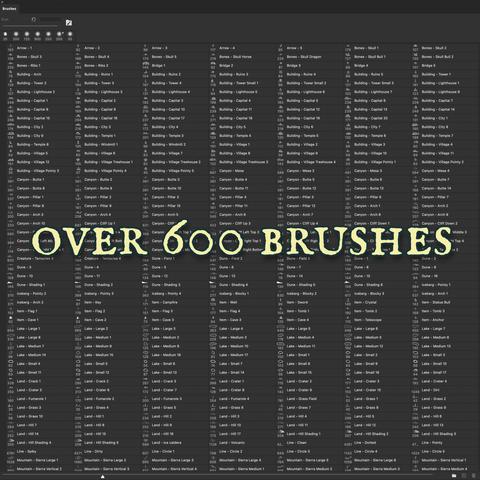 "Over 600 brushes," showing the Photoshop brush palette with a long list of brushes.
