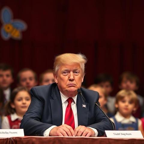 Donald Trump sitting at a table with a microphone for a spelling bee, kids sitting behind him. He looks sad.