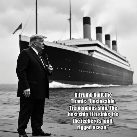 A black-and-white image featuring a man speaking into a microphone in front of a large ship resembling the Titanic. Text overlay humorously attributes a quote to Donald Trump regarding the ship's unsinkability.