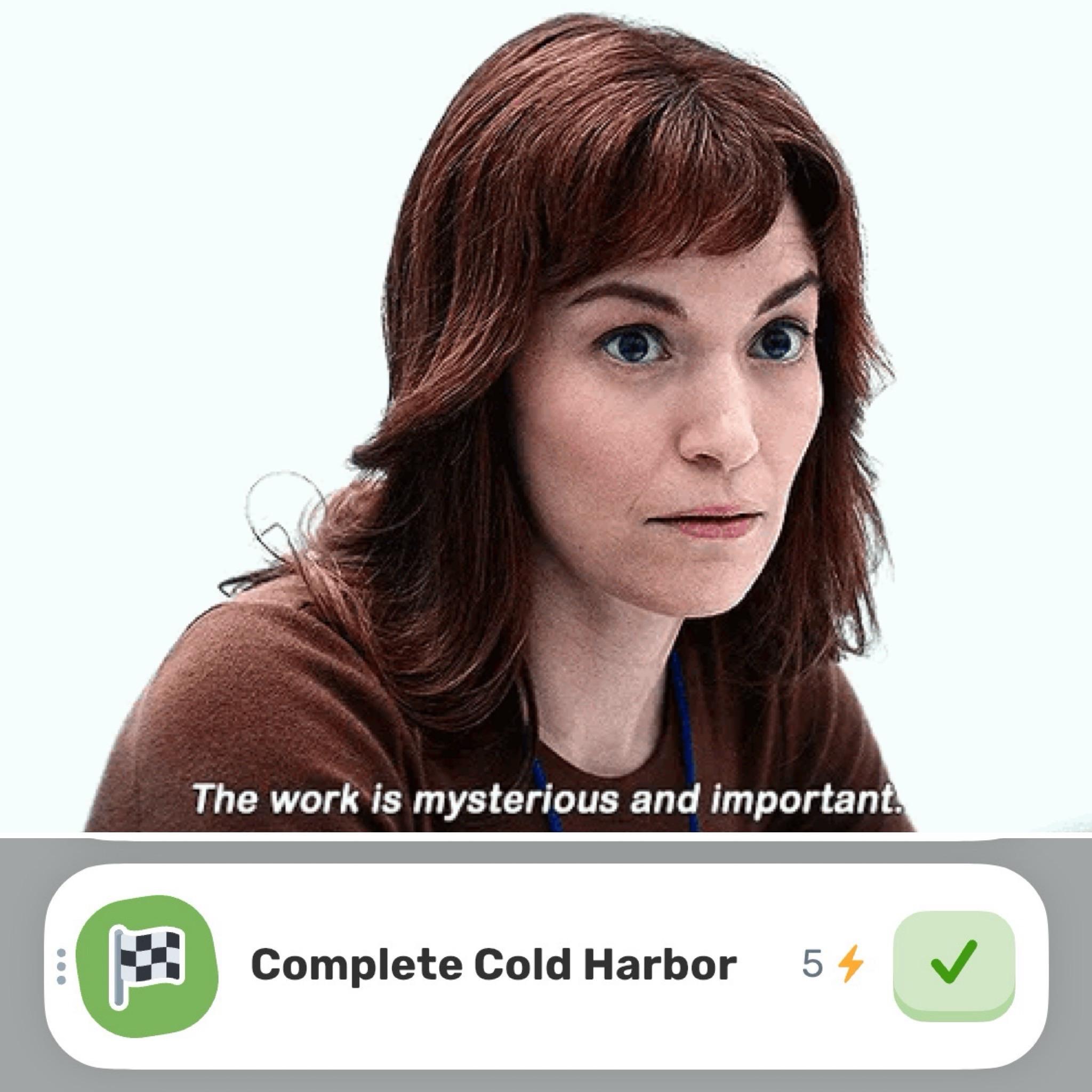 An individual with shoulder-length reddish-brown hair has a serious expression, accompanied by a text overlay stating, "The work is mysterious and important." Below, there is a graphic indicating "Complete Cold Harbor" with a checkmark and a rating. 