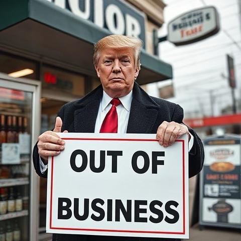 Trump in a suit and tie holds a large sign that reads "OUT OF BUSINESS." He stands in front of a liquour store, with other signs visible in the background. 
