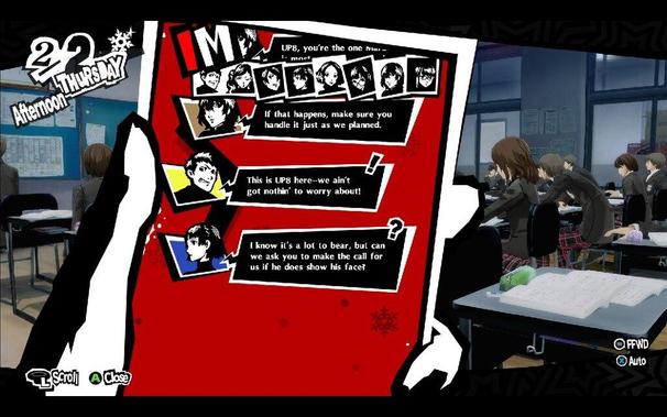 Game screenshot with a hand holding a wide-bordered cell phone with a red background screen with an anime-style classroom with students and desks in the background.  Near the middle of a screen there is a trapezoidal speech bubble with a boy saying "This is UP8 here -- we ain't got nothin' to worry about!"