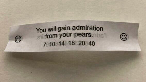 Fortune cookie slip of paper that says "You will gain admiration from your pears."

Yes, it says "pears" and not "peers". Lack of grammar and spell checking is likely. I think the word "the" should have been added too.