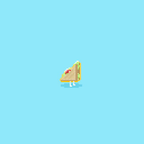Triangular sandwich with some lettuce and tomato with the bread a bit toasted. The sandwich has legs. The background is blue and the drawing has a yellow outline.