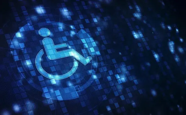 Accessbility wheelchair symbol with blue background.
