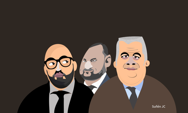 Koldo García, José Luis Ábalos y Santos Cerdán. Caricatura de Suñén JC.