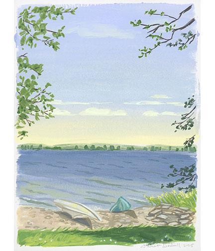 Landscape painting water with kayaks