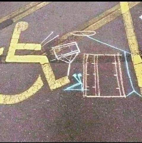 Image of the international symbol depicting a person in a wheelchair to which someone has added in chalk a drum set and drumsticks in the person's hand.