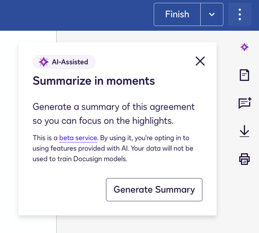 A popover prompt in Docusign, reading "AI-Assisted, Summarize in moments, Generate a summary of this agreement so you can focus on the highlights."