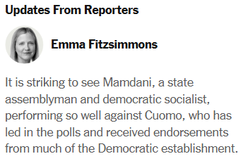 Updates From Reporters
Emma Fitzsimmons
It is striking to see Mamdani, a state assemblyman and democratic socialist, performing so well against Cuomo, who has led in the polls and received endorsements from much of the Democratic establishment.