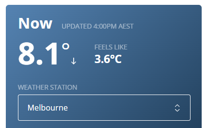 Current Melbourne (australia) weather temp 8.1 C with feels like temp of 3.6C