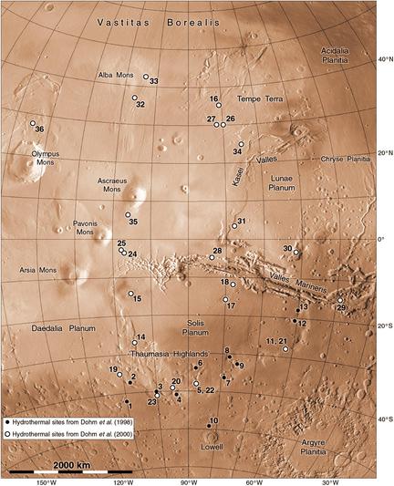 Hydrothermal sites suitable for landing missions to search for evidence of life are shown on a map of the Tharsis region of Mars. One set is in Thaumasia at about 40 degrees south. Another set is scattered all around Tharsis. The idea is that heat from under this volcanic region meets water which is suggested by many small channels throughout the area. Water and warmth - sounds good for life, but of course we still have no idea if it ever happened.
