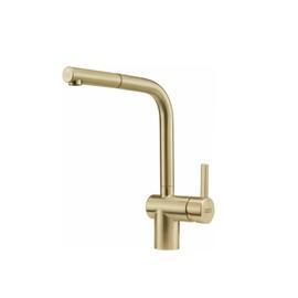 Matte black kitchen mixer tap with a sleek curved spout and single lever handle, installed on a marble countertop