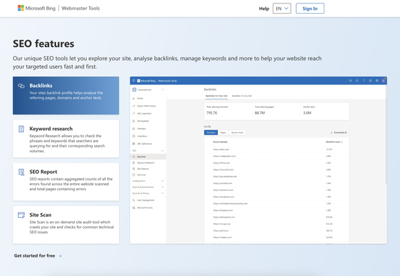 a screenshot of the Bing Webmaster Tools homepage showing the SEO benefits.