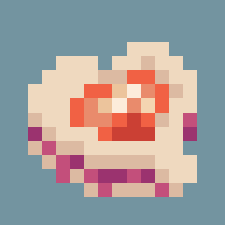 A mini-sandwich, filled with jam and a sliced strawberry on top. A bit of the jam is dripping,