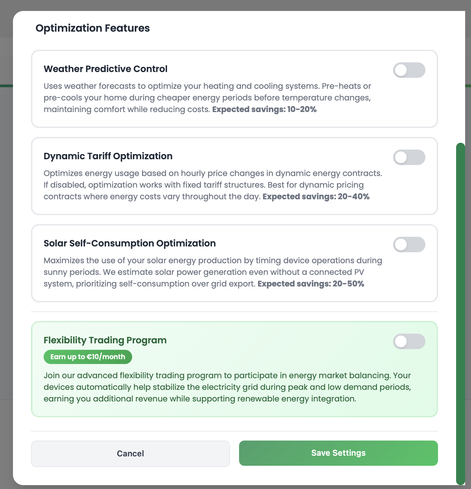 Setting different optimisation inputs:
- Weather predictive control
- Dynamic tariff optimisation
- Solar self-consumption optimisation
- Flexibility trading programme
