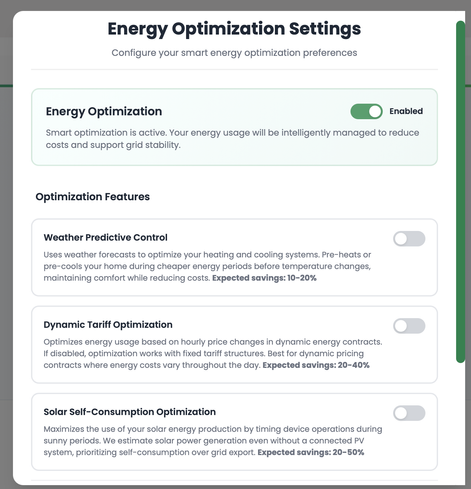 Setting different optimisation inputs:
- Weather predictive control
- Dynamic tariff optimisation
- Solar self-consumption optimisation
- Flexibility trading programme