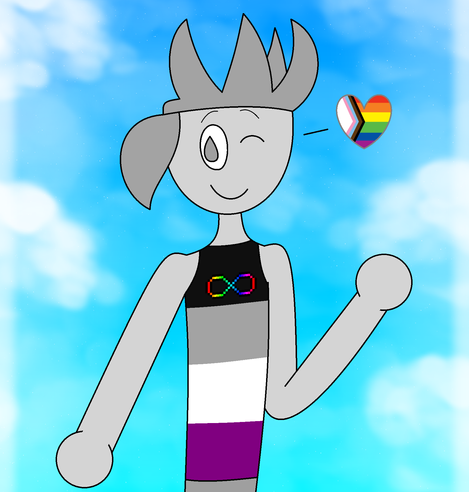 Drawing of a happy Mercury wearing a tank top colored to look like the asexual pride flag, and a rainbow infinity symbol (#ActuallyAutistic) is included on the upper torso part of the tank top. Mercury winks with his left eye, a heart colored like the LGBTQIA+ pride flag. The background shows a clear yet a bit cloudy daytime.